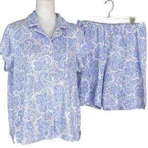 Miss Elaine Blue Peach Pajama Short Set L Paisley Cotton Blend Comfy Lightweight
